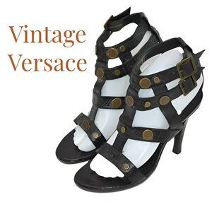 Vintage Versace Black Leather Studded Caged Galdiator Sandals Heels 38.5 8.5